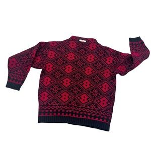 Vintage Red And Black Snowflake Design Austrian Wool Ski Sweater Size Large